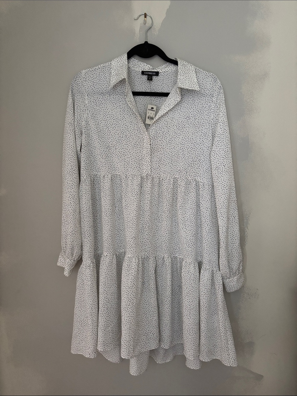 Express White Polka Dot Tiered Long Sleeve Shirt Dress